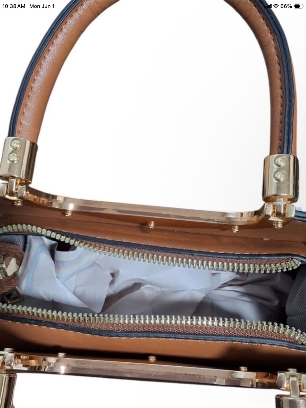 Vegan Approved Structured Stripe Top-Handle Satchel in Taupe and Tan - Picture 3 of 5